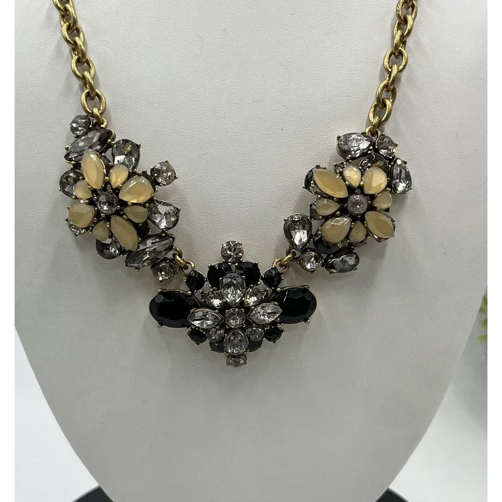 J. Crew Black Gray and Taupe Clear‎ Rhinestone Cluster Statement Necklace